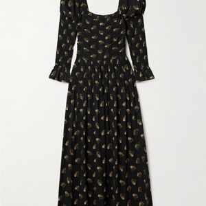 Doen Black Long Sleeve Maxi Dress with Gold Floral Print